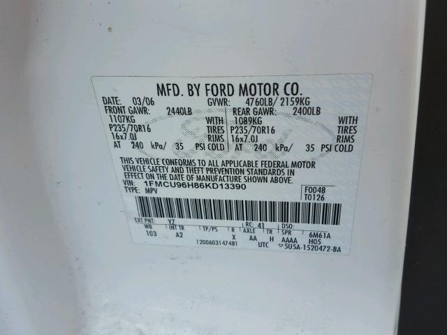 1FMCU96H86KD13390 - 2006 FORD ESCAPE HEV WHITE photo 10