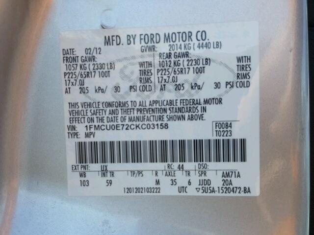 1FMCU0E72CKC03158 - 2012 FORD ESCAPE LIM SILVER photo 10