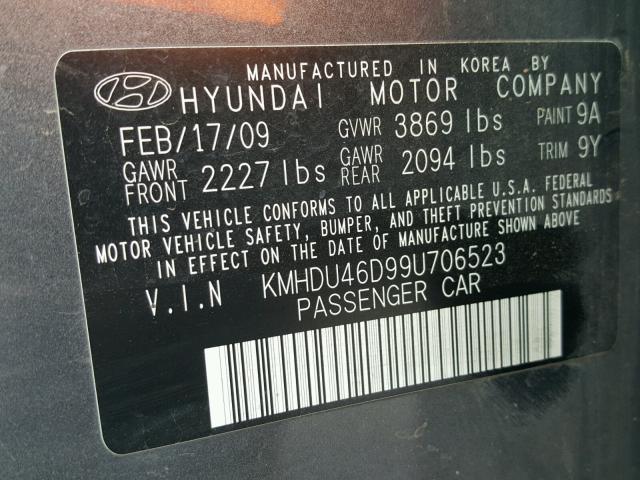 KMHDU46D99U706523 - 2009 HYUNDAI ELANTRA GL GRAY photo 10