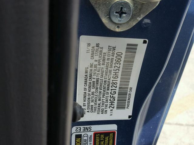 2HGFG12816H523600 - 2006 HONDA CIVIC EX ლურჯი ფოტო 10