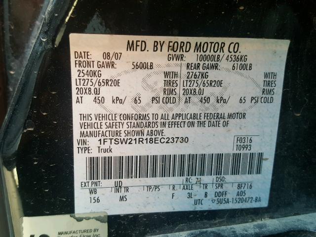 1FTSW21R18EC23730 - 2008 FORD F250 SUPER BLACK photo 10