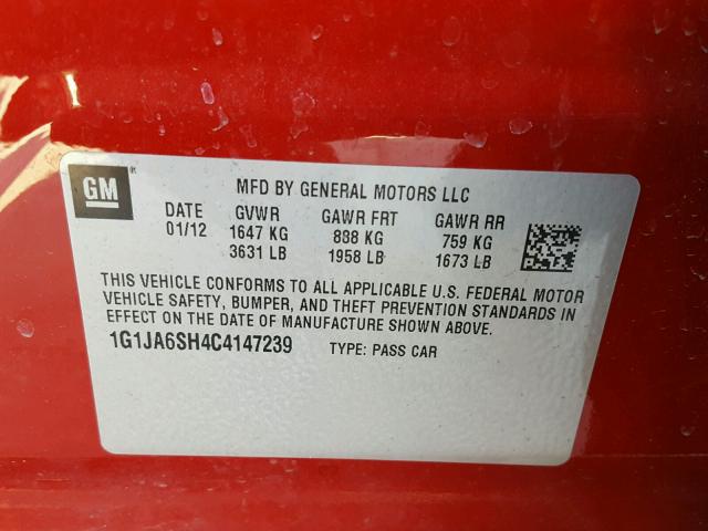 1G1JA6SH4C4147239 - 2012 CHEVROLET SONIC LS წითელი ფოტო 10