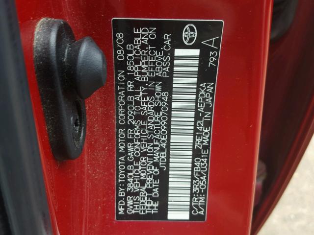 JTDBL40E099070948 - 2009 TOYOTA COROLLA BA RED photo 10