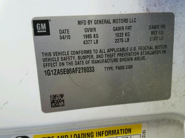 1G1ZA5E08AF278033 - 2010 CHEVROLET MALIBU LS WHITE photo 10