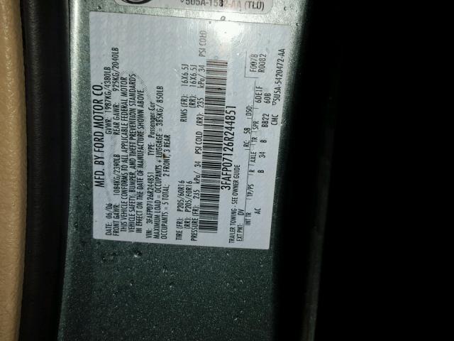 3FAFP07126R244851 - 2006 FORD FUSION SE GREEN photo 10