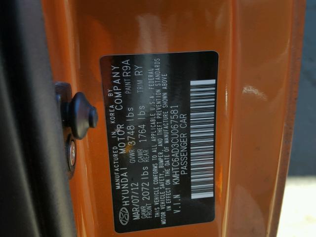 KMHTC6AD3CU067581 - 2012 HYUNDAI VELOSTER B ORANGE photo 10