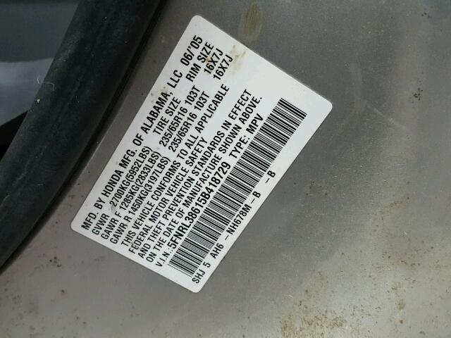 5FNRL38615B418729 - 2005 HONDA ODYSSEY EX GRAY photo 10