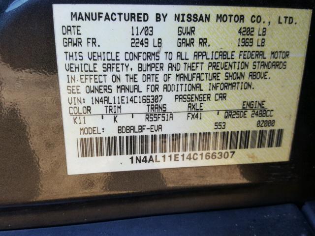 1N4AL11E14C166307 - 2004 NISSAN ALTIMA BAS GRAY photo 10