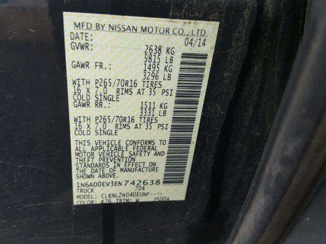 1N6AD0EV3EN742638 - 2014 NISSAN FRONTIER S GRAY photo 10