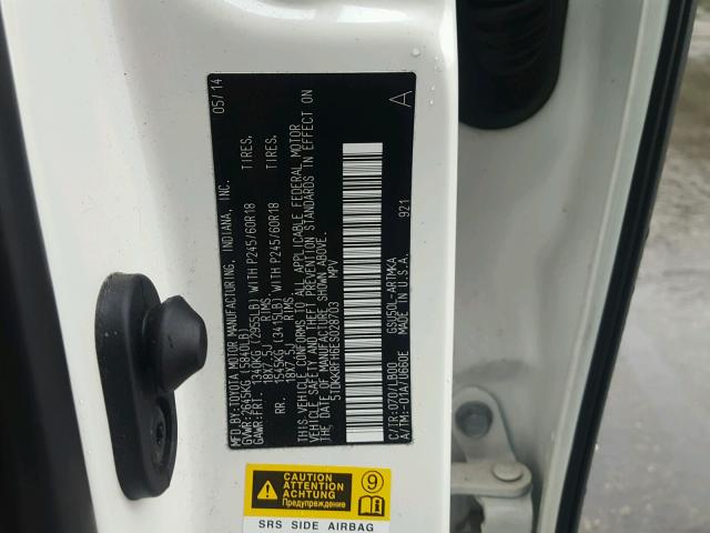 5TDKKRFH6ES028703 - 2014 TOYOTA HIGHLANDER WHITE photo 10