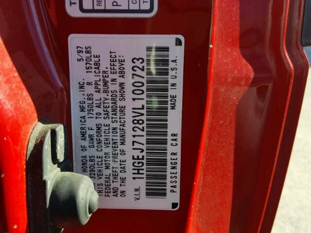 1HGEJ7128VL100723 - 1997 HONDA CIVIC HX RED photo 10