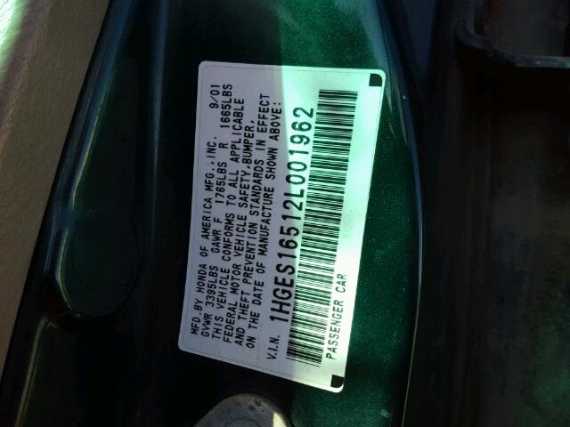 1HGES16512L001962 - 2002 HONDA CIVIC LX GREEN photo 10