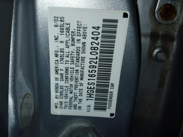 1HGES16592L082404 - 2002 HONDA CIVIC LX SILVER photo 10