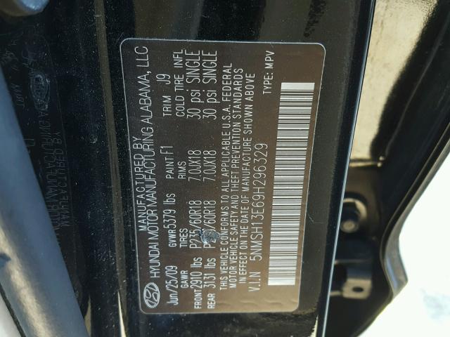 5NMSH13E69H296329 - 2009 HYUNDAI SANTA FE S BLACK photo 10