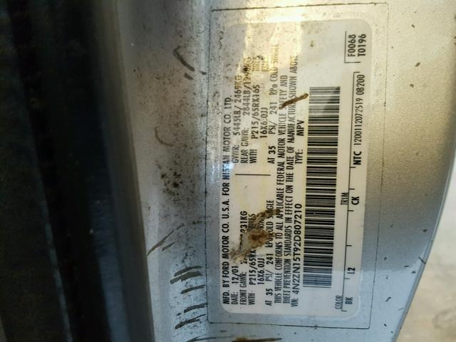 4N2ZN15T92D807210 - 2002 NISSAN QUEST GXE SILVER photo 10