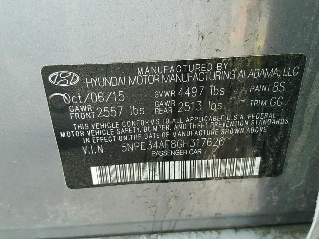 5NPE34AF8GH317626 - 2016 HYUNDAI SONATA SPO GRAY photo 10