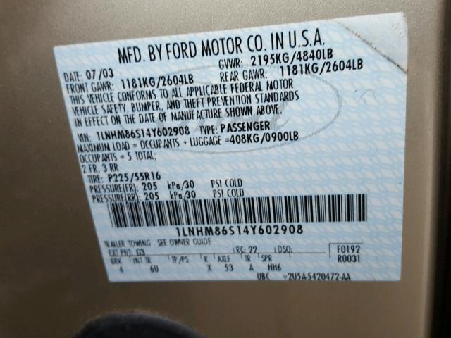 1LNHM86S14Y602908 - 2004 LINCOLN LS 金色 照片 10