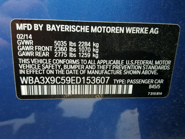 WBA3X9C59ED153607 - 2014 BMW 335 XIGT BLUE photo 10