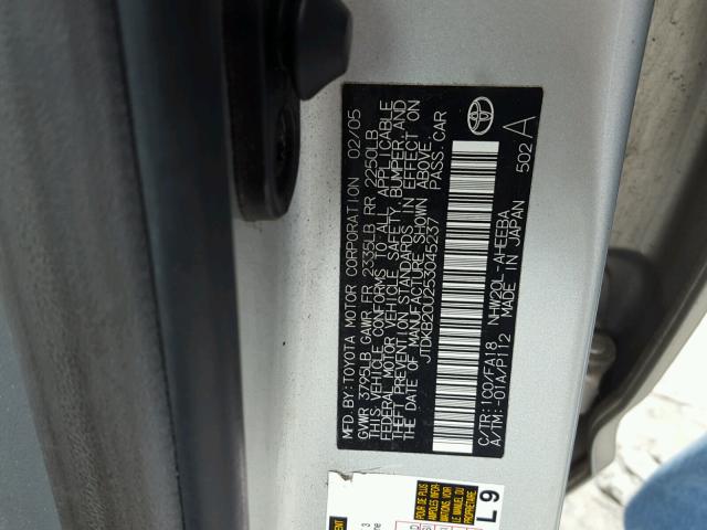 JTDKB20U253045237 - 2005 TOYOTA PRIUS SILVER photo 10