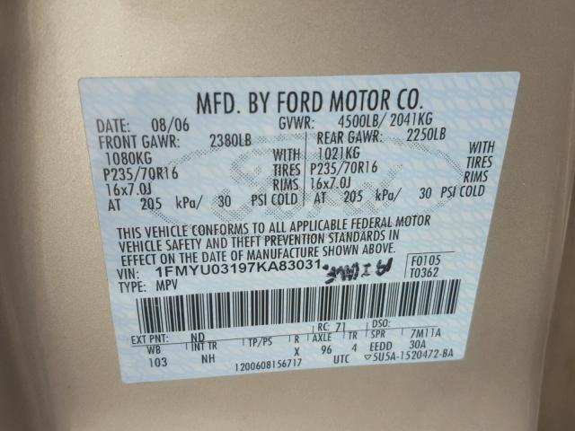 1FMYU03197KA83031 - 2007 FORD ESCAPE XLT TEAL photo 10