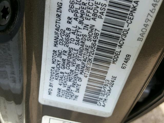 4T1BE32K72U564987 - 2002 TOYOTA CAMRY LE GRAY photo 10