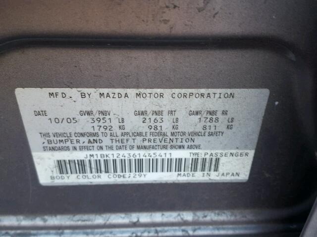 JM1BK124361445411 - 2006 MAZDA 3 S GRAY photo 10