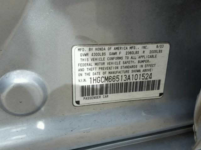 1HGCM66513A101524 - 2003 HONDA ACCORD EX SILVER photo 10