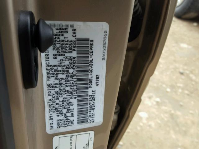 4T1BE32K13U152839 - 2003 TOYOTA CAMRY LE TAN photo 10