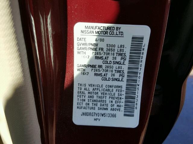 JN8DR07Y01W513366 - 2001 NISSAN PATHFINDER RED photo 10