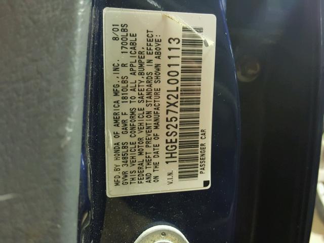 1HGES257X2L001113 - 2002 HONDA CIVIC EX ლურჯი ფოტო 10