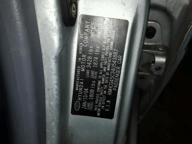 KMHCG45C34U543887 - 2004 HYUNDAI ACCENT GL SILVER photo 10