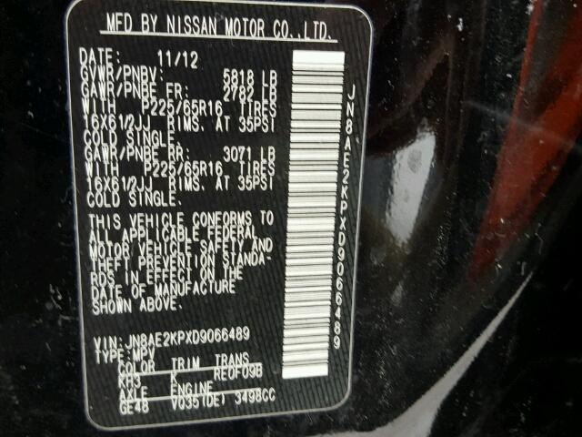 JN8AE2KPXD9066489 - 2013 NISSAN QUEST S BLACK photo 10