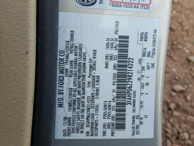 3FAHP06Z29R214222 - 2009 FORD FUSION S SILVER photo 10