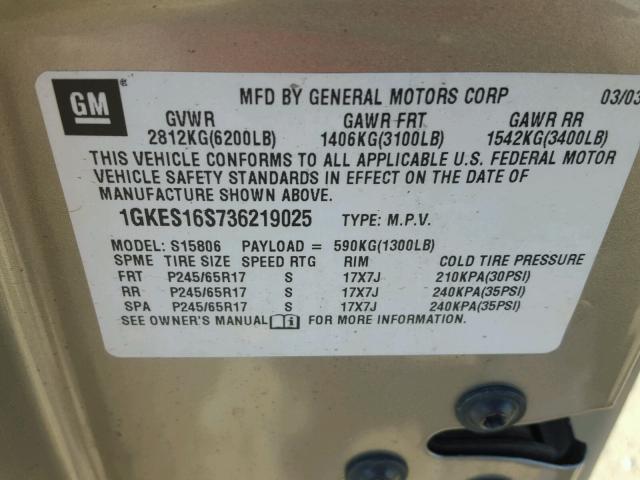 1GKES16S736219025 - 2003 GMC ENVOY XL GRAY photo 10