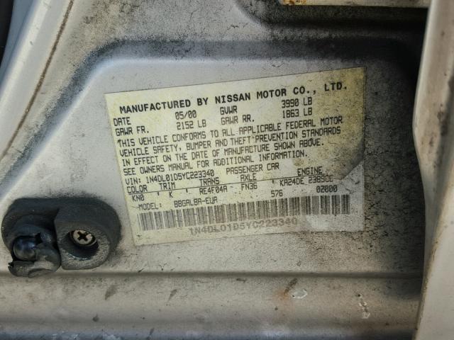 1N4DL01D5YC223340 - 2000 NISSAN ALTIMA XE SILVER photo 10