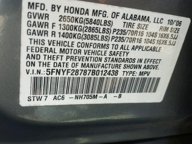 5FNYF28787B012438 - 2007 HONDA PILOT EXL GRAY photo 10