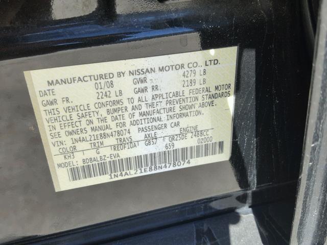 1N4AL21E88N478074 - 2008 NISSAN ALTIMA 2.5 BLACK photo 10