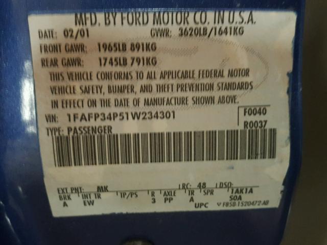 1FAFP34323W180424 - 2003 FORD FOCUS SE C BLUE photo 10