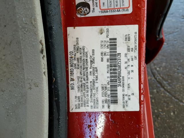 3FAHP0HA2AR253128 - 2010 FORD FUSION SE RED photo 10