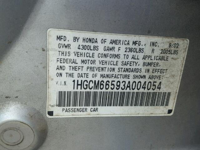 1HGCM66593A004054 - 2003 HONDA ACCORD EX SILVER photo 10