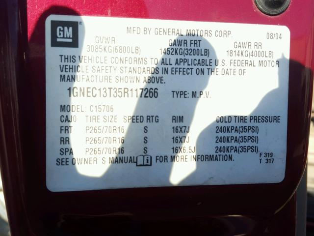 1GNEC13T35R117266 - 2005 CHEVROLET TAHOE C150 MAROON photo 10