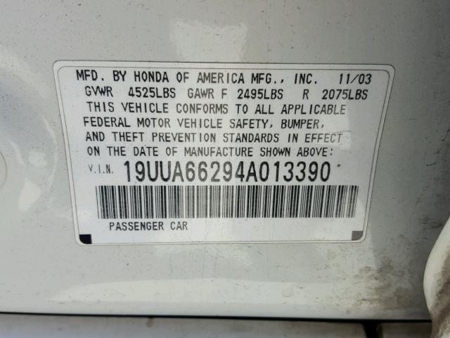 19UUA66294A013390 - 2004 ACURA TL WHITE photo 10