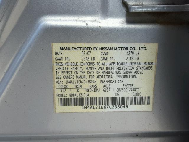 1N4AL21E67C238046 - 2007 NISSAN ALTIMA 2.5 SILVER photo 10