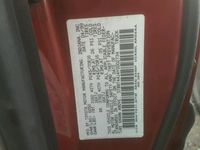 5TBBT4414YS002734 - 2000 TOYOTA TUNDRA ACC RED photo 10