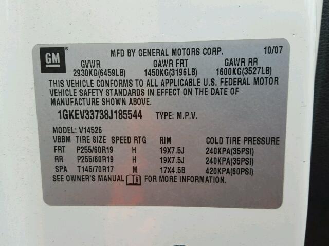 1GKEV33738J185544 - 2008 GMC ACADIA SLT თეთრი ფოტო 10