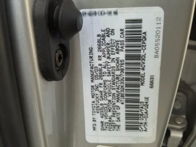 4T1BE32K33U738765 - 2003 TOYOTA CAMRY LE SILVER photo 10