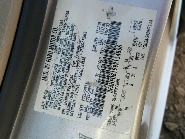 3FAHP08199R154866 - 2009 FORD FUSION SEL SILVER photo 10