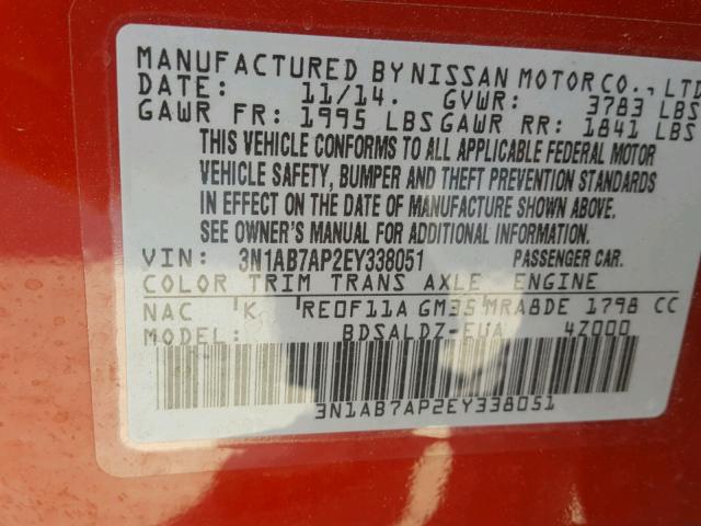 3N1AB7AP2EY338051 - 2014 NISSAN SENTRA S RED photo 10