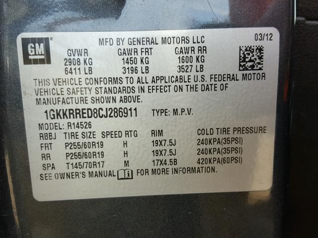 1GKKRRED8CJ286911 - 2012 GMC ACADIA SLT ნაცრისფერი ფოტო 10