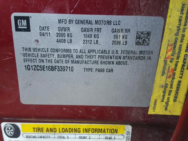 1G1ZC5E16BF339710 - 2011 CHEVROLET MALIBU 1LT 勃艮第红 照片 10